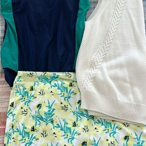 Floral Skirt with NWT color block Swimsuit and ModCloth Sweater Vest